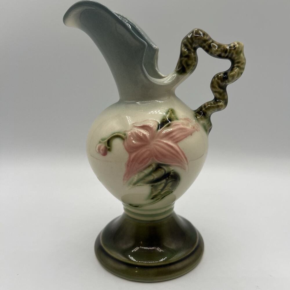 VTG Hull Pottery Woodland Ewer Pitcher W6 6½” Pink Floral Green Handle USA